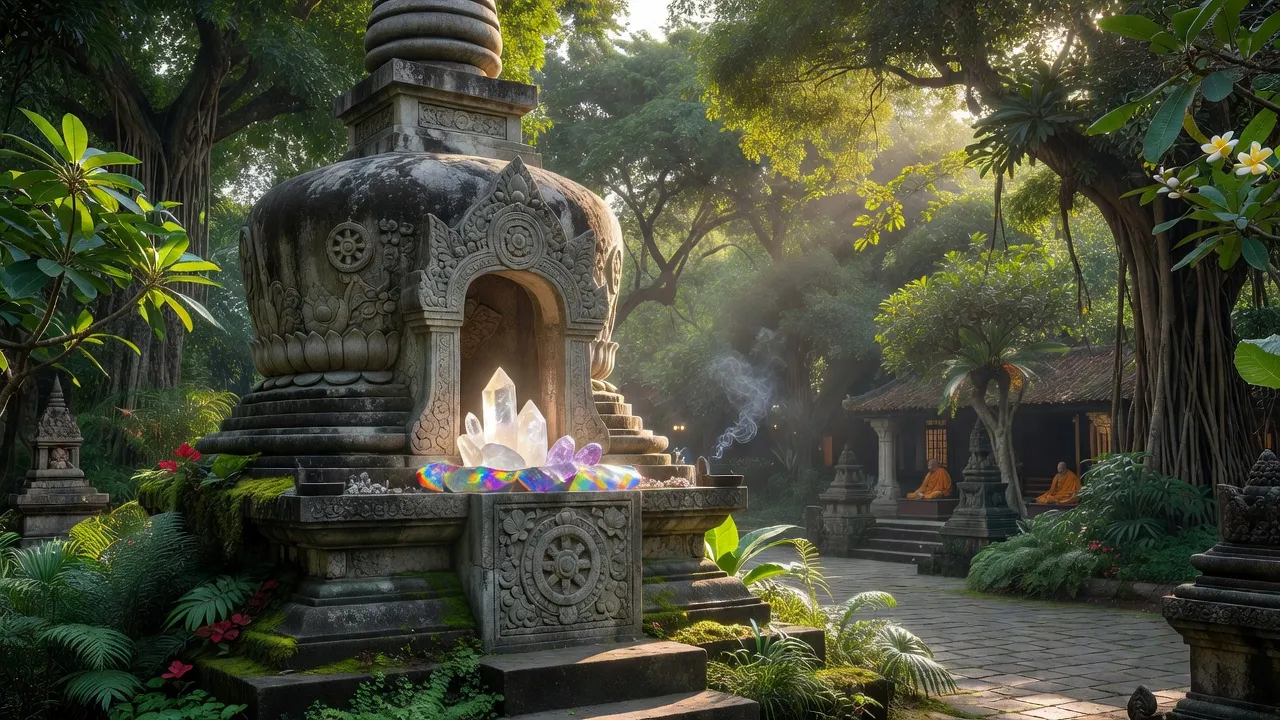 Xá lợi trong chùa Việt Nam, tượng trưng cho văn hóa và tín ngưỡng Phật giáo, trong khung cảnh bình yên.