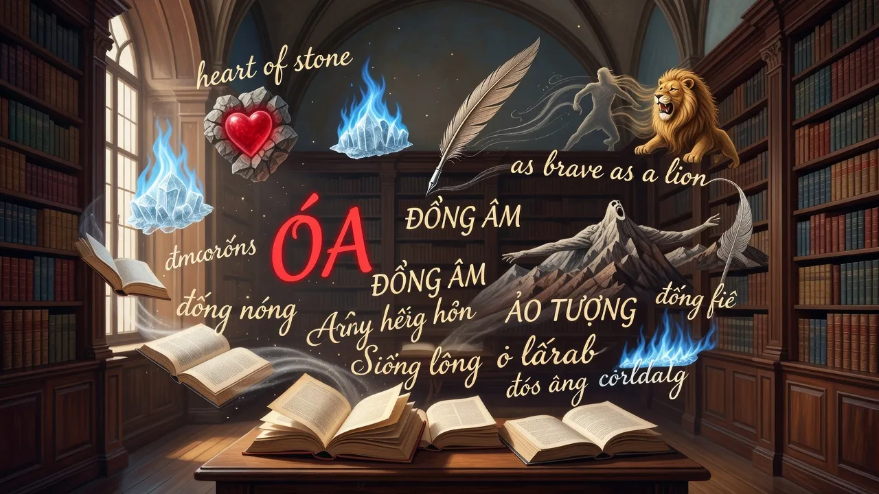 Biện pháp tu từ trong văn học, trang sách mở và từ ngữ bay lơ lửng giữa thư viện yên tĩnh.
