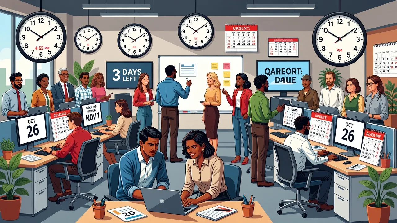 Môi trường làm việc chuyên nghiệp với đồng nghiệp hợp tác, biểu tượng thời gian và deadline.