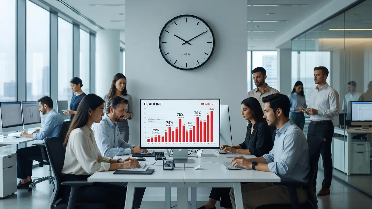 Môi trường làm việc chuyên nghiệp với nhân viên đang làm việc, thể hiện khái niệm deadline tại văn phòng.