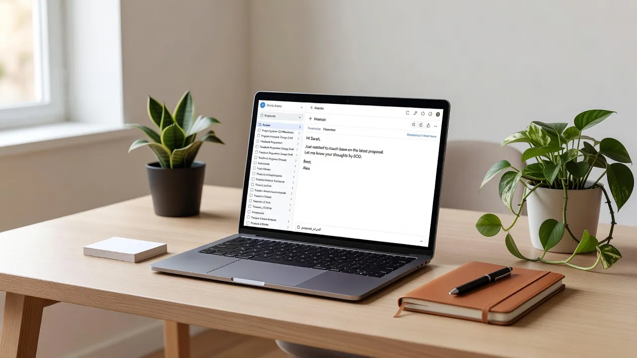 Không gian làm việc hiện đại với laptop và giao diện email, biểu tượng của trao đổi thông tin hiệu quả.