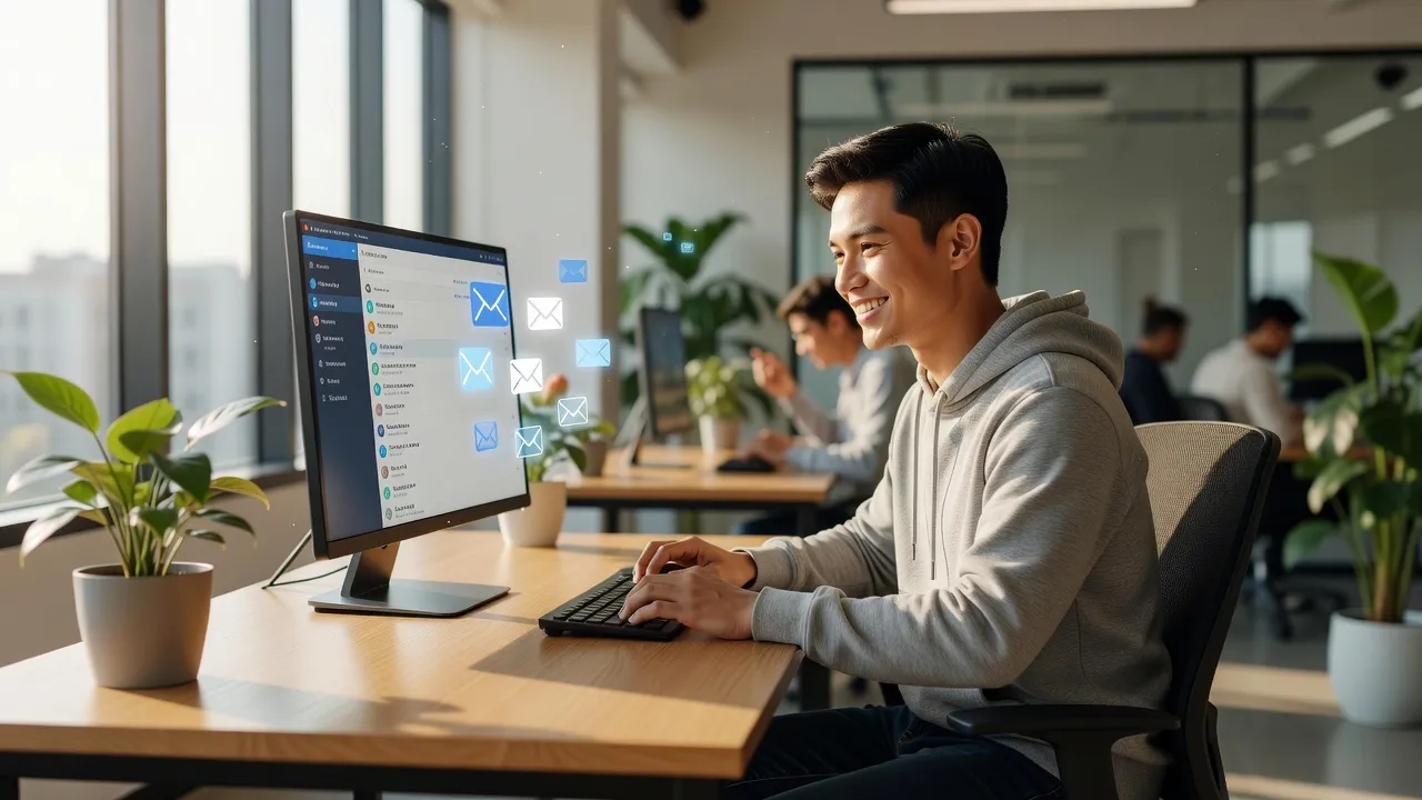Một người trẻ tuổi kiểm tra email trên máy tính trong không gian văn phòng hiện đại.