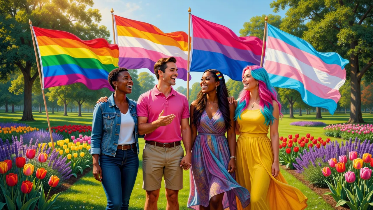 Cộng đồng LGBT với các nhân vật đại diện, vui vẻ bên nhau trong công viên, cờ sắc màu rực rỡ.