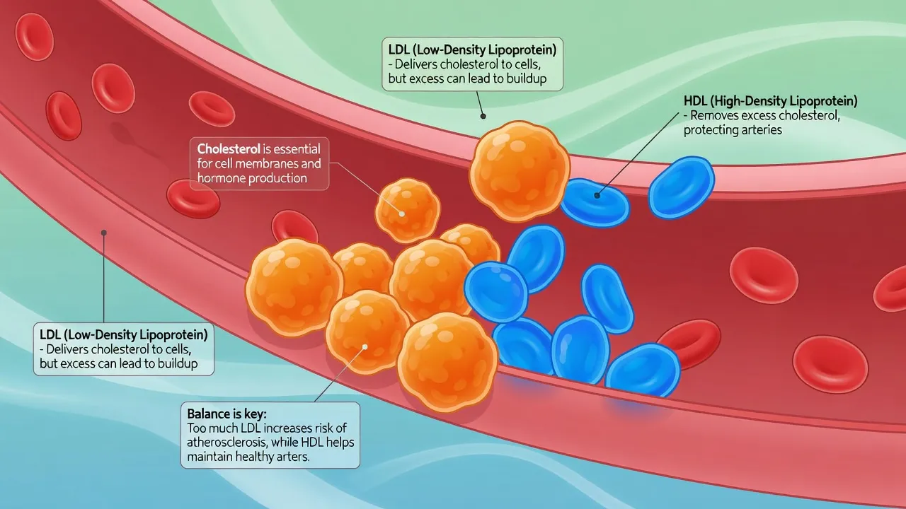 Sơ đồ cholesterol trong mạch máu, biểu thị chức năng và ảnh hưởng đến sức khỏe tim mạch.