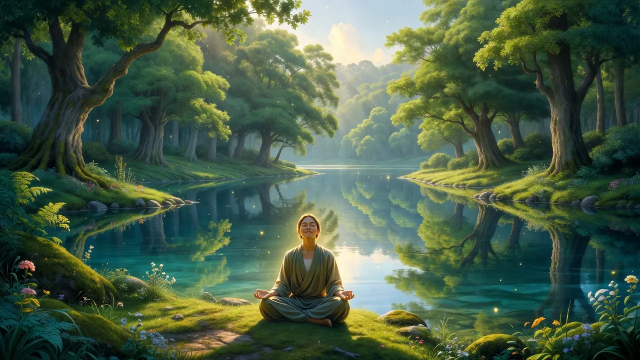 Cảnh thiên nhiên yên bình với người thiền bên hồ, biểu tượng của quá trình chữa lành trong cuộc sống.