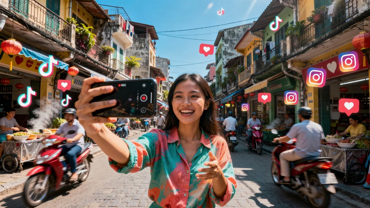 Một bạn trẻ Việt Nam đang quay video TikTok, thể hiện khái niệm POV trong không gian đô thị năng động.