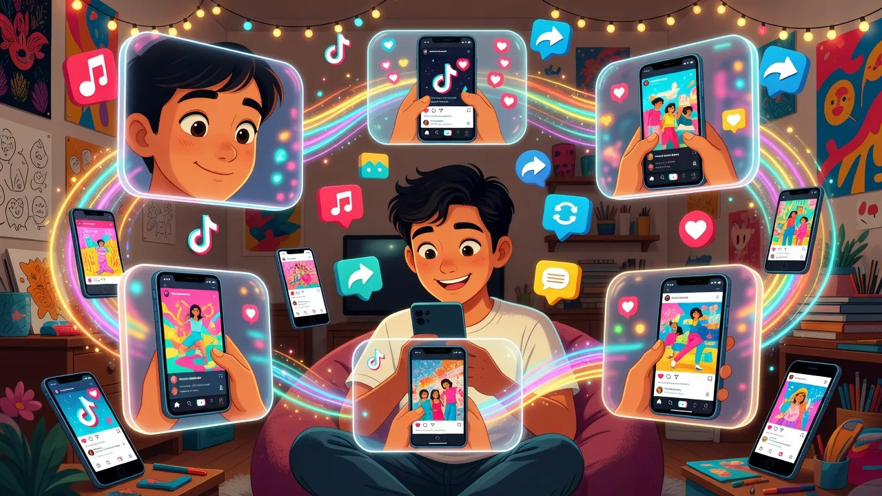 Một người xem video TikTok với nhiều góc nhìn khác nhau xung quanh, thể hiện khái niệm POV.