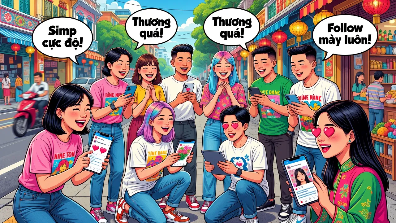 Hình ảnh những người trẻ Việt Nam tương tác trên mạng xã hội, thể hiện hành vi simp trong bối cảnh hiện đại.