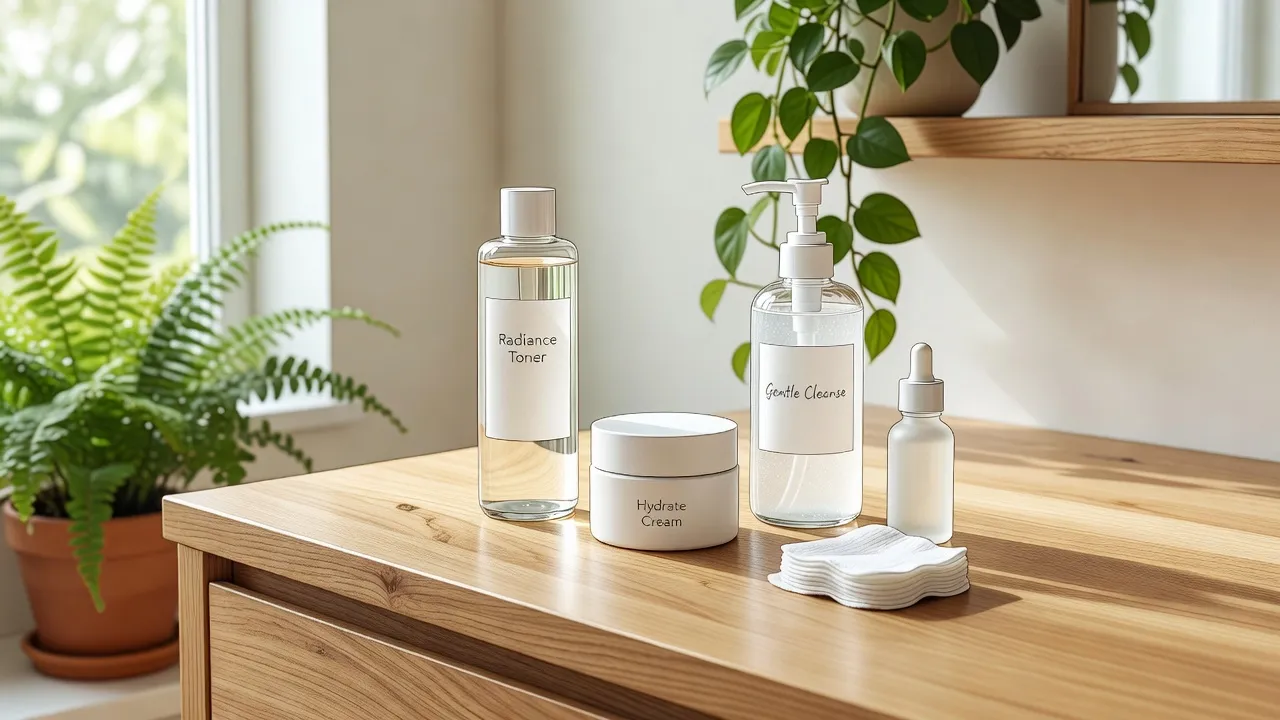 Các sản phẩm chăm sóc da như toner, kem dưỡng và sữa rửa mặt trên bàn trang điểm sáng, tự nhiên.
