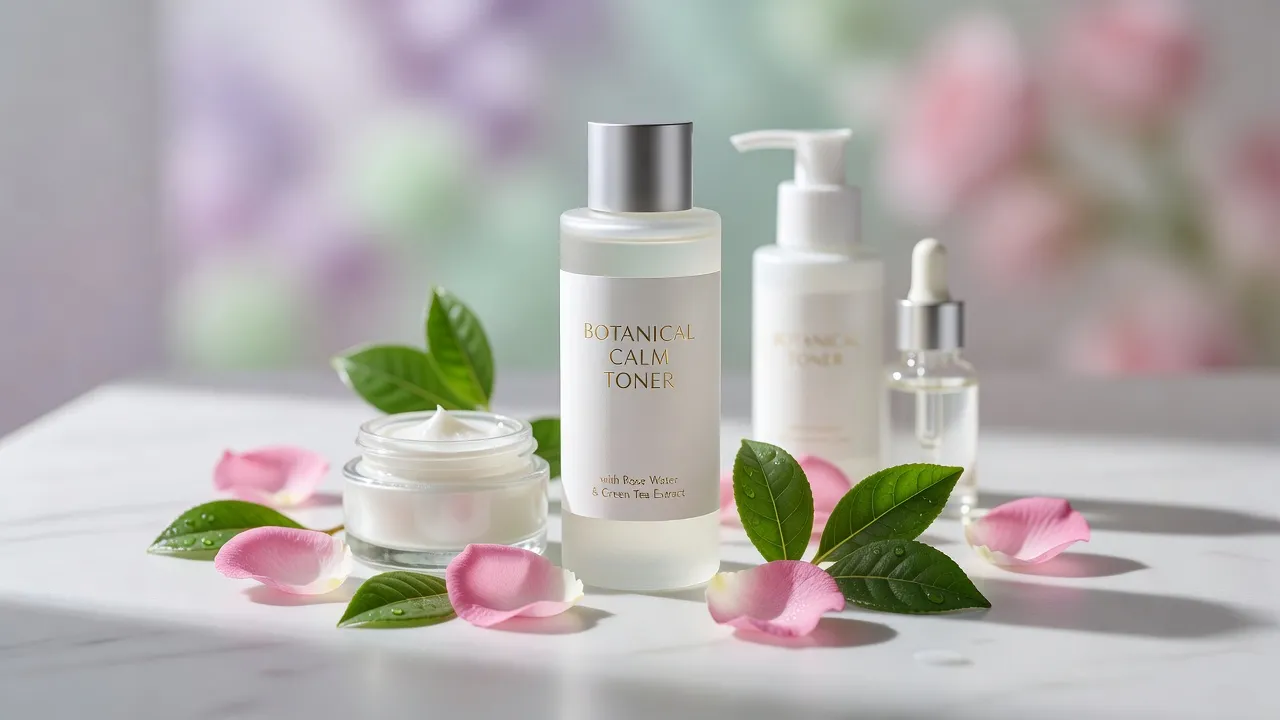 Nhiều sản phẩm chăm sóc da, bao gồm nước hoa hồng, trong môi trường tự nhiên tươi mát.