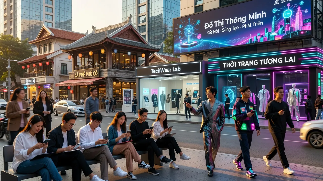 Khung cảnh đô thị hiện đại thể hiện xu hướng xã hội và tương tác trong cuộc sống hàng ngày.