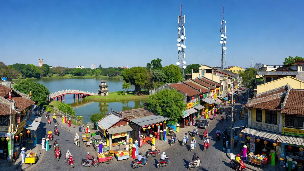 Hà Nội với hồ Hoàn Kiếm và phố cổ, biểu tượng 024 là mã vùng điện thoại cố định.