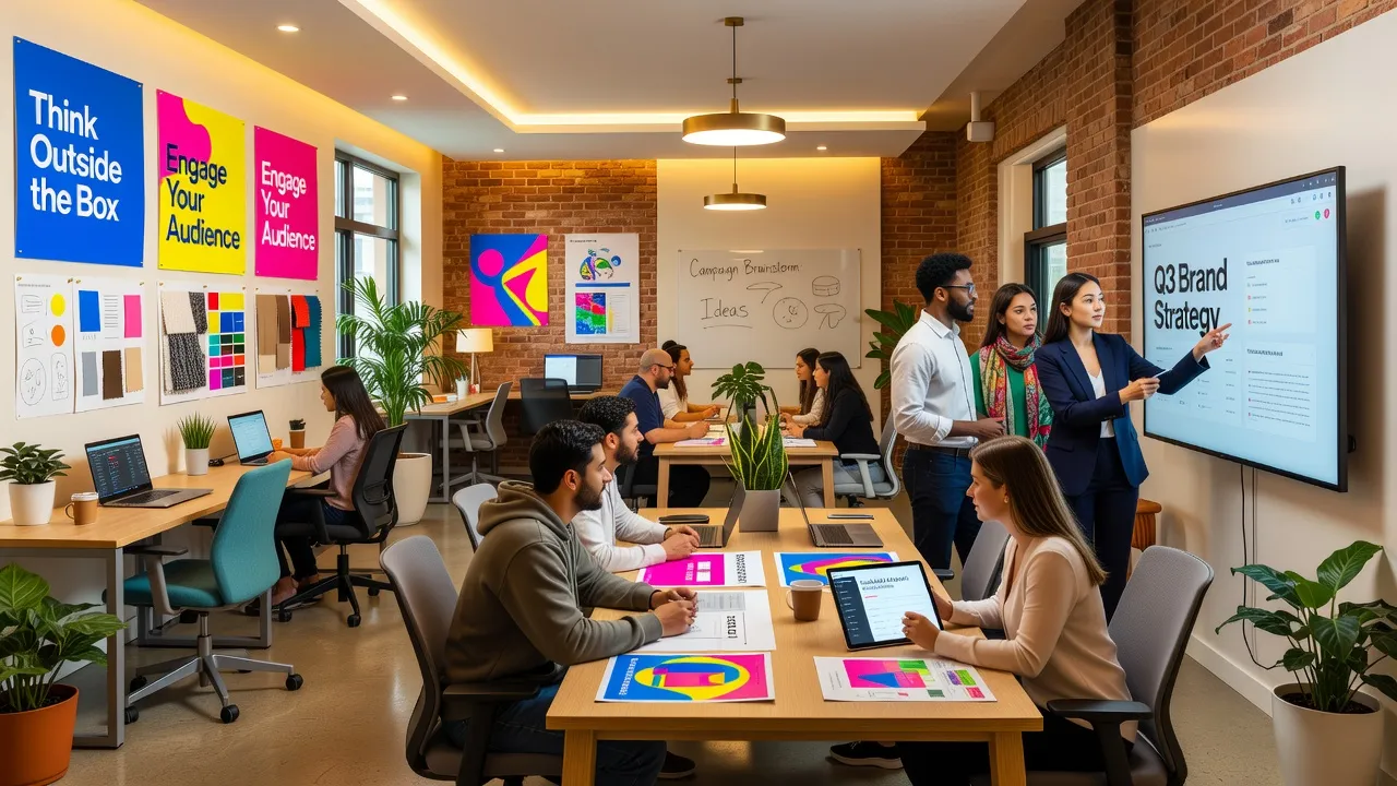 Nội thất văn phòng agency hiện đại với chuyên gia hợp tác sáng tạo và đồ họa phong phú, môi trường làm việc thân thiện.