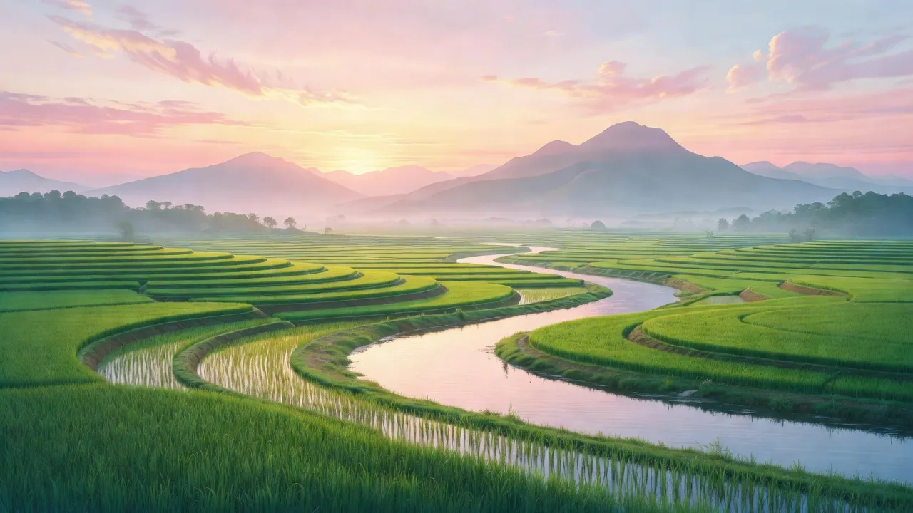 Cảnh đồng xanh mướt và núi non ở Việt Nam, biểu trưng cho ẩn dụ trong văn học.