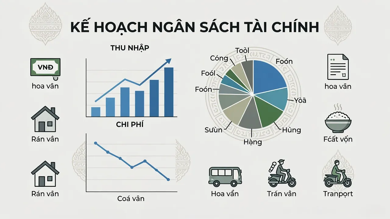 Minh họa kế hoạch ngân sách tài chính với biểu đồ và biểu tượng thu chi, mang yếu tố văn hóa Việt Nam.