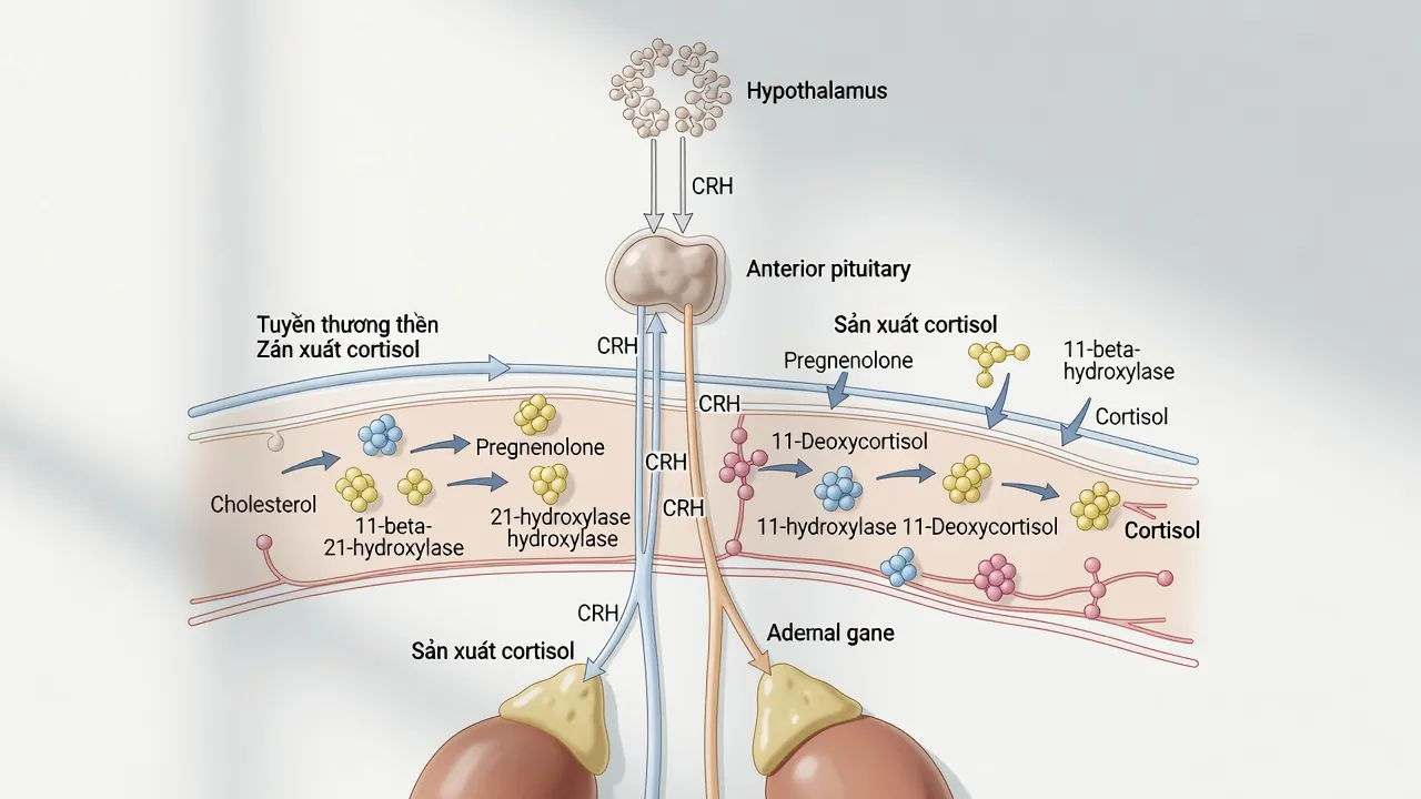 Sơ đồ tuyến thượng thận sản xuất cortisol, giải thích vai trò hormone trong cơ thể, sinh học tự nhiên.