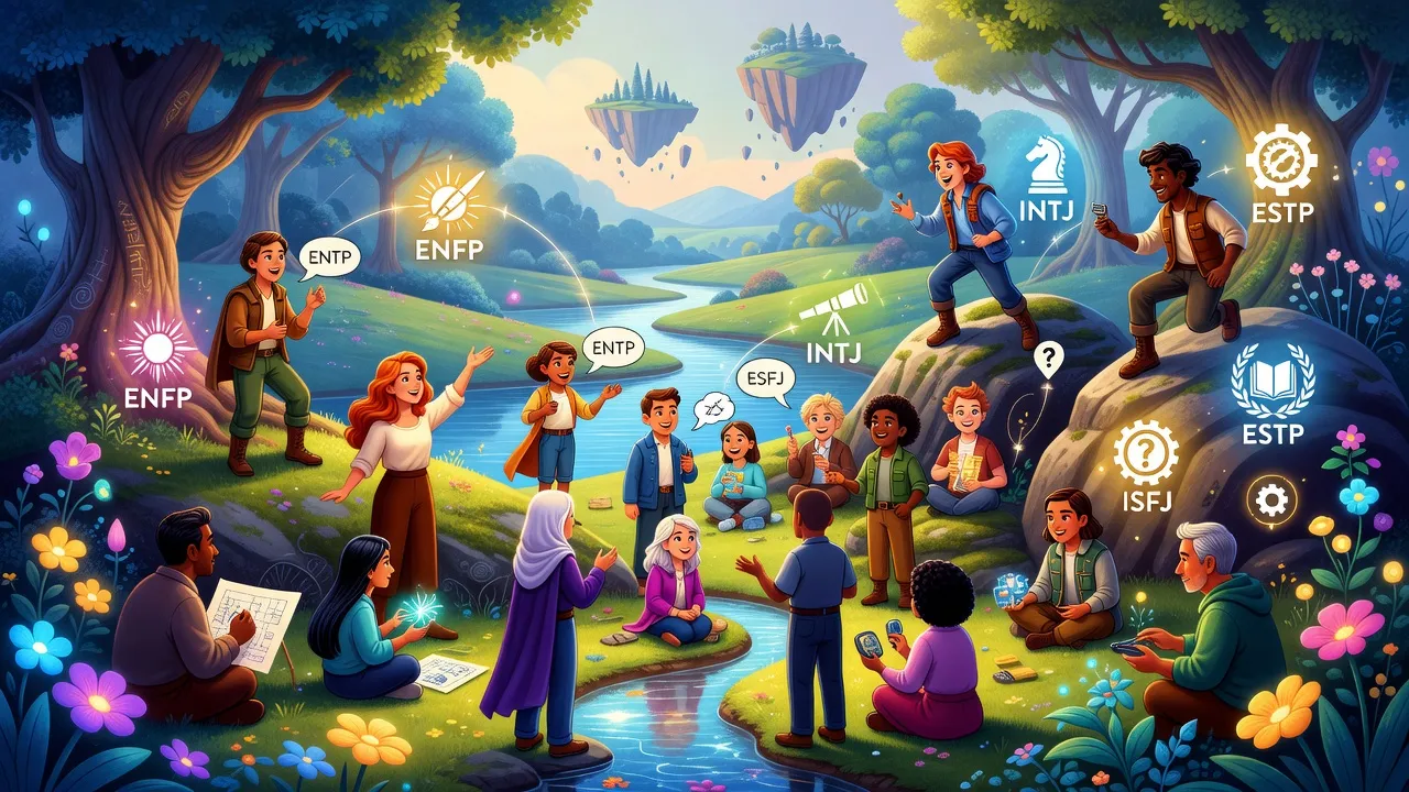 Hình minh họa các kiểu tính cách MBTI với 16 nhân vật khác nhau trong môi trường cộng tác, đầy màu sắc.