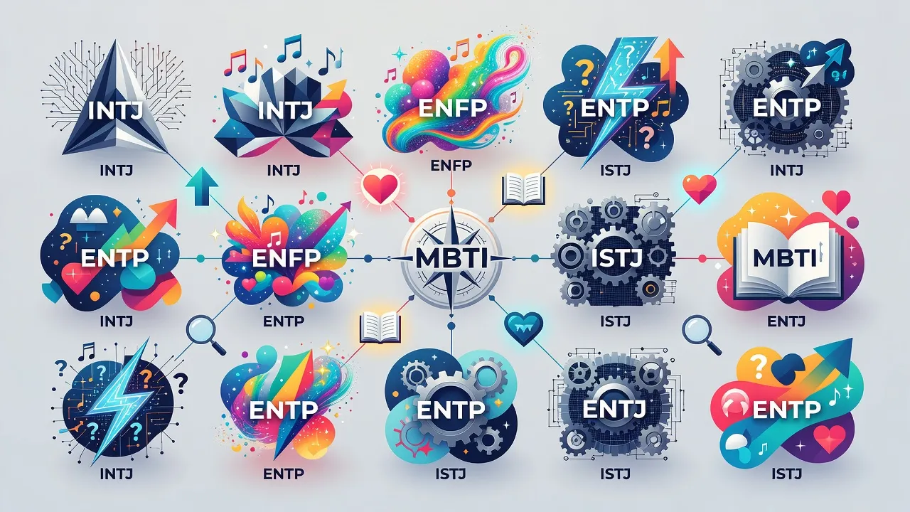 Minh họa sinh động về MBTI và 16 loại tính cách con người, thể hiện đặc trưng và biểu tượng cá tính.