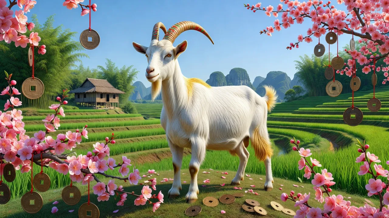 Hình ảnh con Dê biểu tượng năm Đinh Mùi 2027 với hoa đào và tiền, tượng trưng cho sự thịnh vượng.