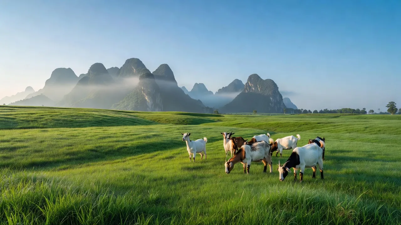 Khung cảnh đồng cỏ xanh tươi với những con dê nơi núi non Việt Nam năm Đinh Mùi 2027.