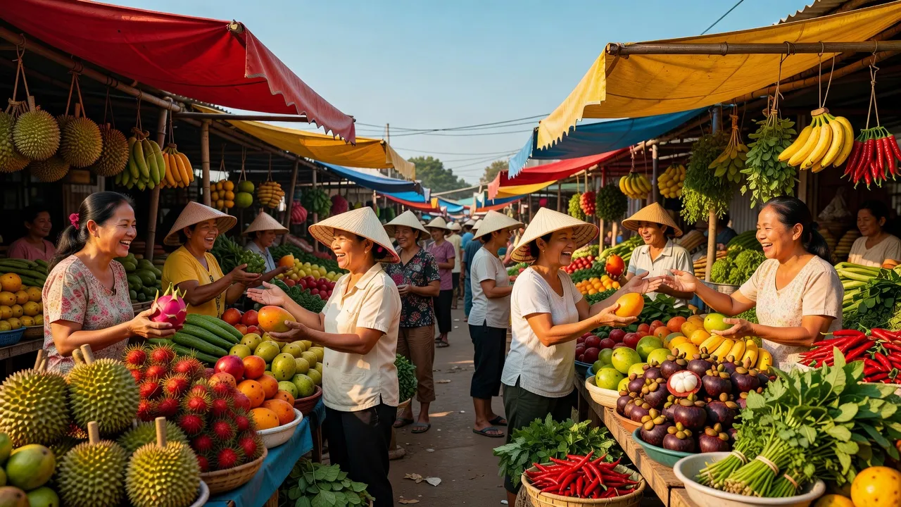 Cảnh chợ đường phố Việt Nam, người bán hàng chào mời sản phẩm tươi ngon, tạo không khí thân thiện.