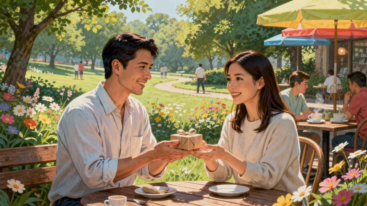 Cảnh một người đưa ra món quà trong công viên, thể hiện ý nghĩa của từ 'offer'.