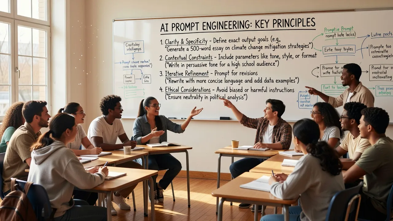 Lớp học về trí tuệ nhân tạo, sinh viên thảo luận về khái niệm prompt, không gian sáng sủa.