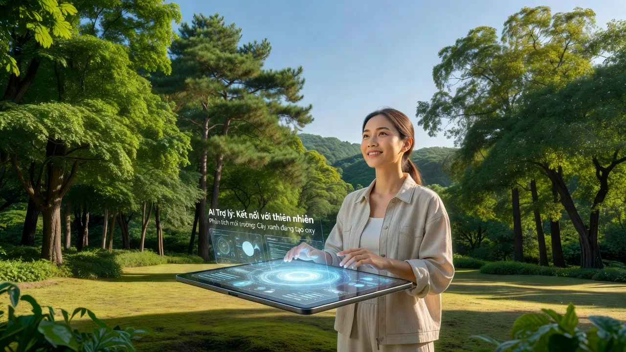 Một người sử dụng thiết bị công nghệ tại khu vực thiên nhiên, tượng trưng cho prompt trong trí tuệ nhân tạo.
