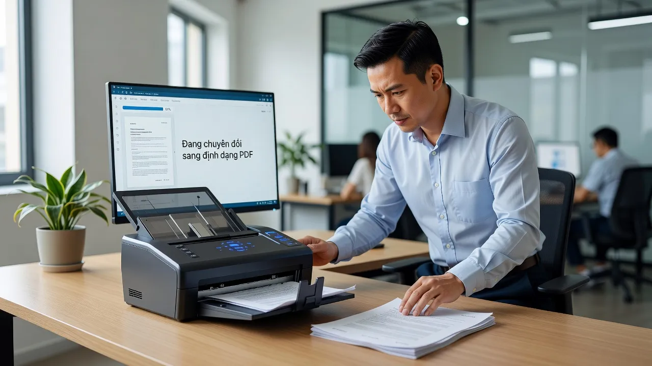 Mọi người quét tài liệu, chuyển đổi giấy tờ vật lý sang kỹ thuật số tại văn phòng hiện đại.