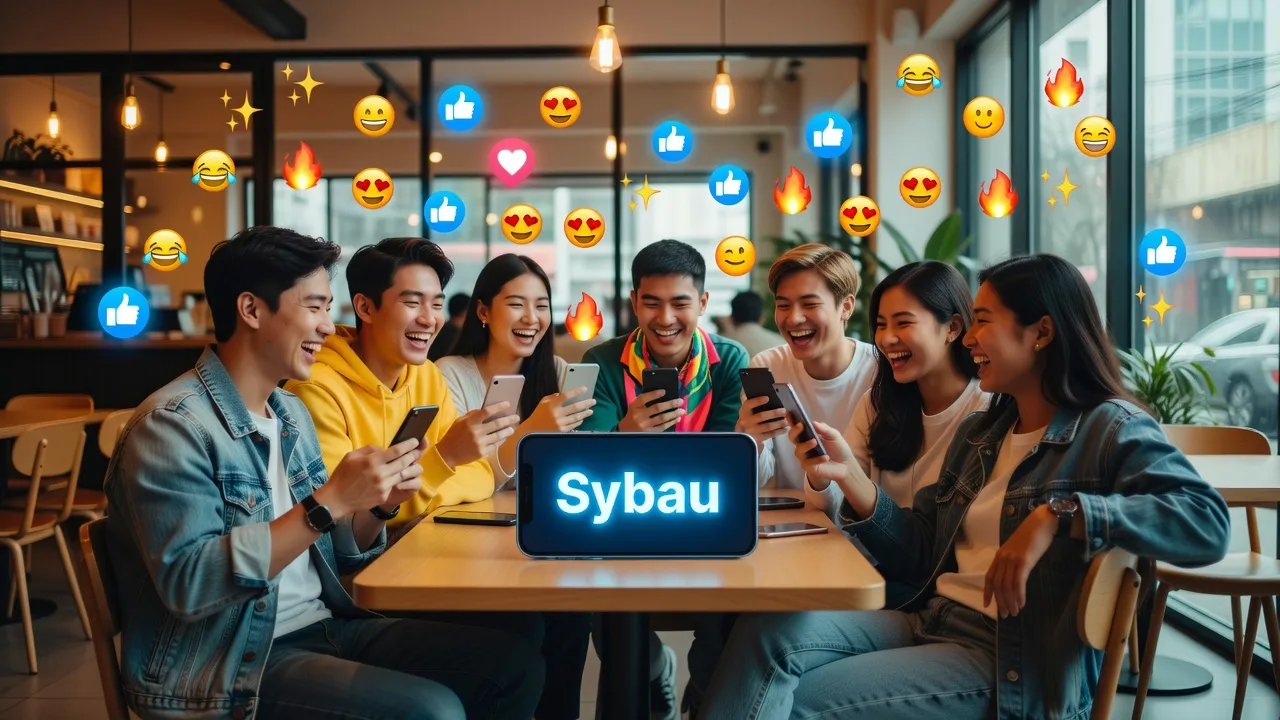 Nhóm bạn trẻ bàn luận về từ lóng 'Sybau' trên điện thoại, không khí vui vẻ, đầy màu sắc.
