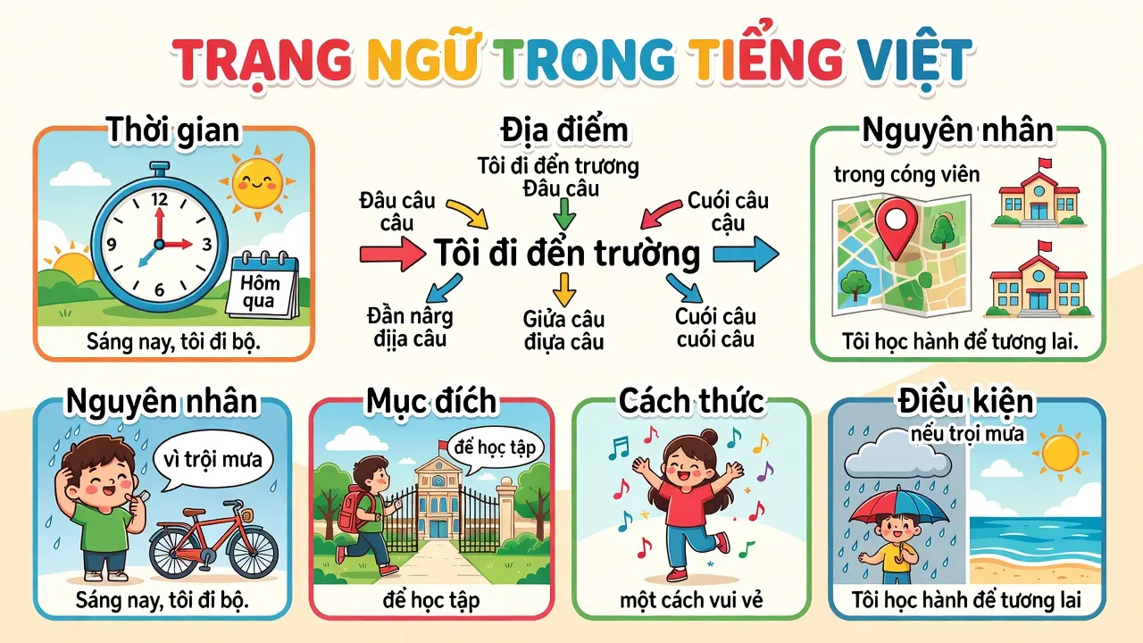 Hình minh họa trạng ngữ trong ngữ pháp tiếng Việt với cấu trúc câu và các biểu tượng liên quan.