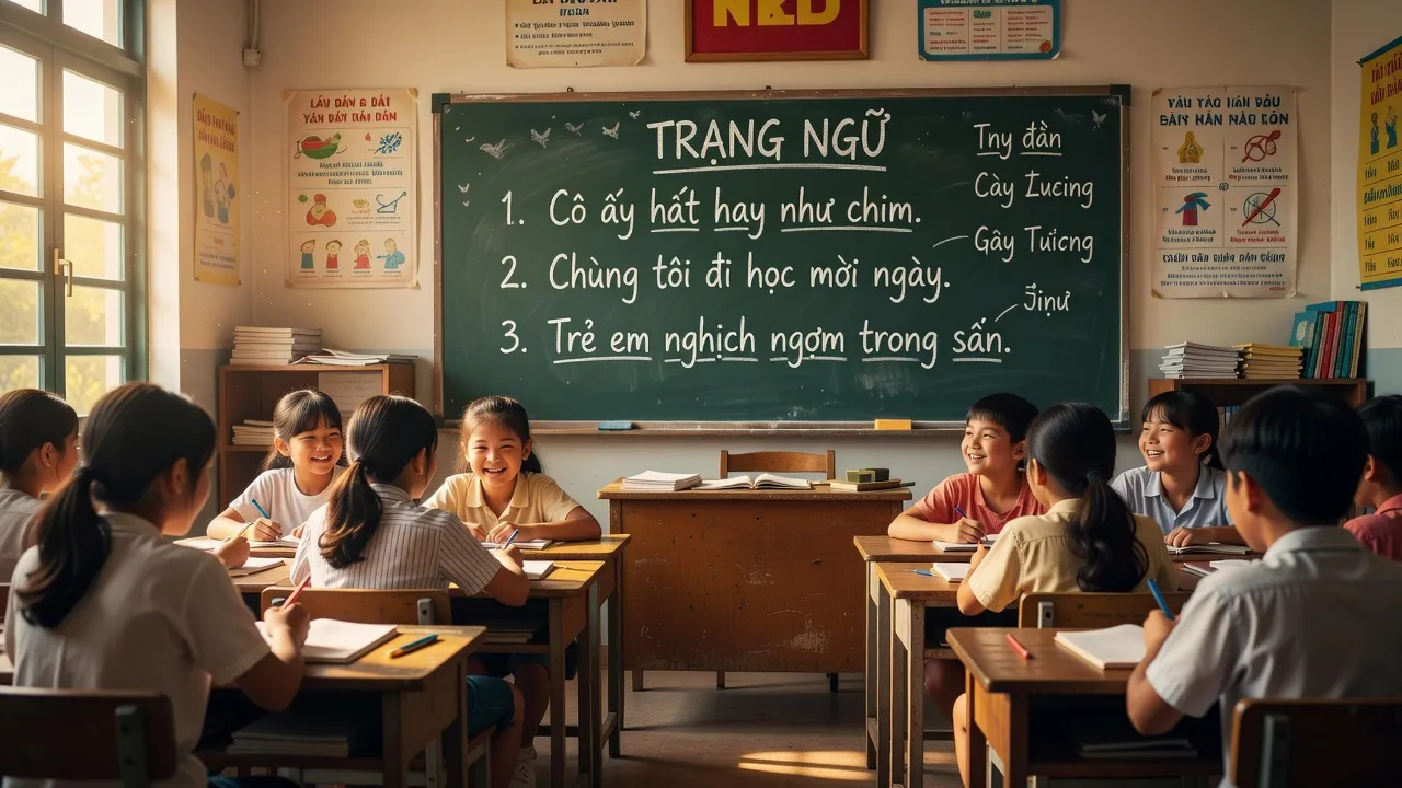 Học sinh học về trạng ngữ trong lớp học tiếng Việt, với bảng đen đầy ví dụ rõ ràng.