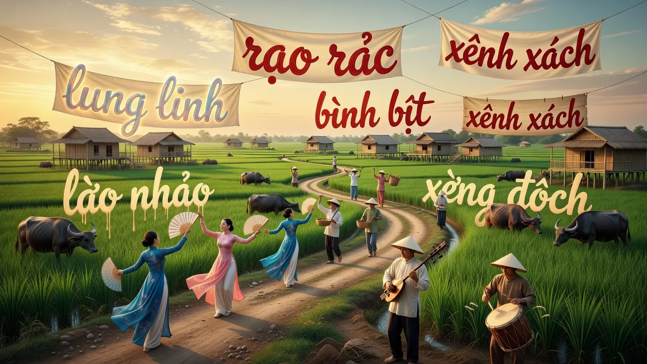 Hình ảnh minh họa các từ láy trong tiếng Việt trên nền văn hóa dân gian đẹp.