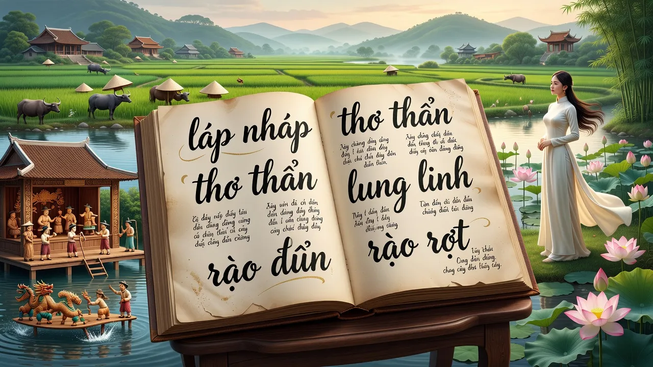 Từ láy trong tiếng Việt với sách mở và cảnh sắc văn hóa, thể hiện nét đẹp ngôn ngữ.