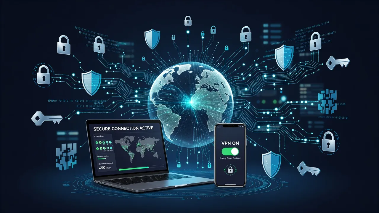 Hình minh họa về VPN, mạng riêng ảo, bảo mật trực tuyến và kết nối an toàn.