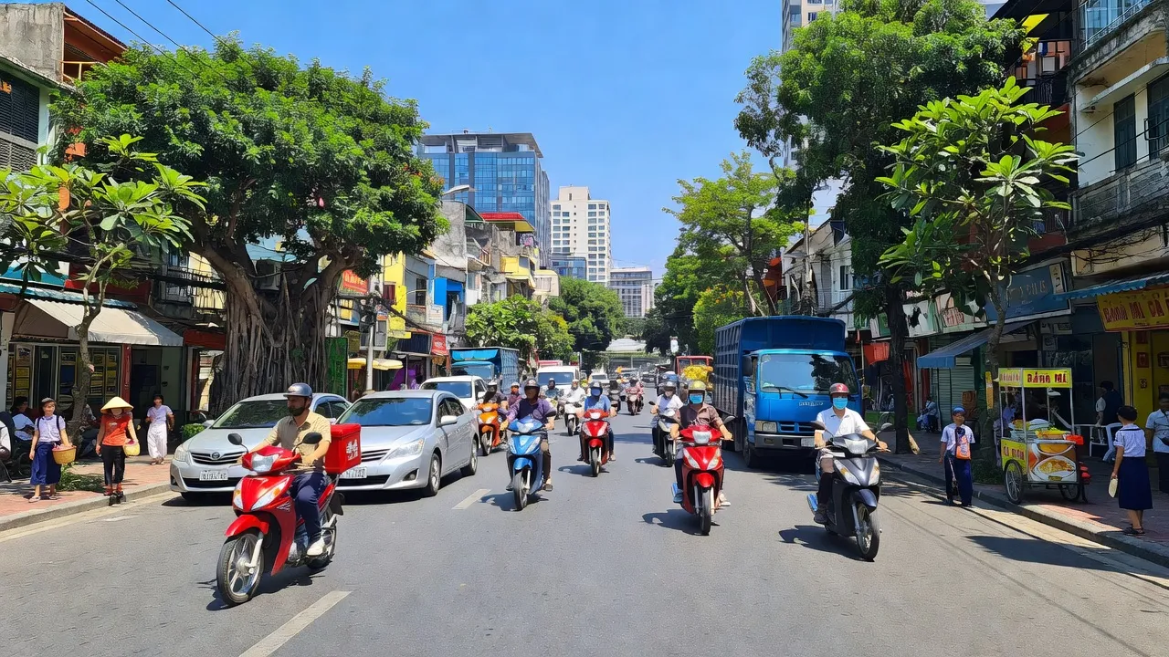 Các loại xe cơ giới đang di chuyển trên đường phố Việt Nam, gồm ô tô và xe máy.