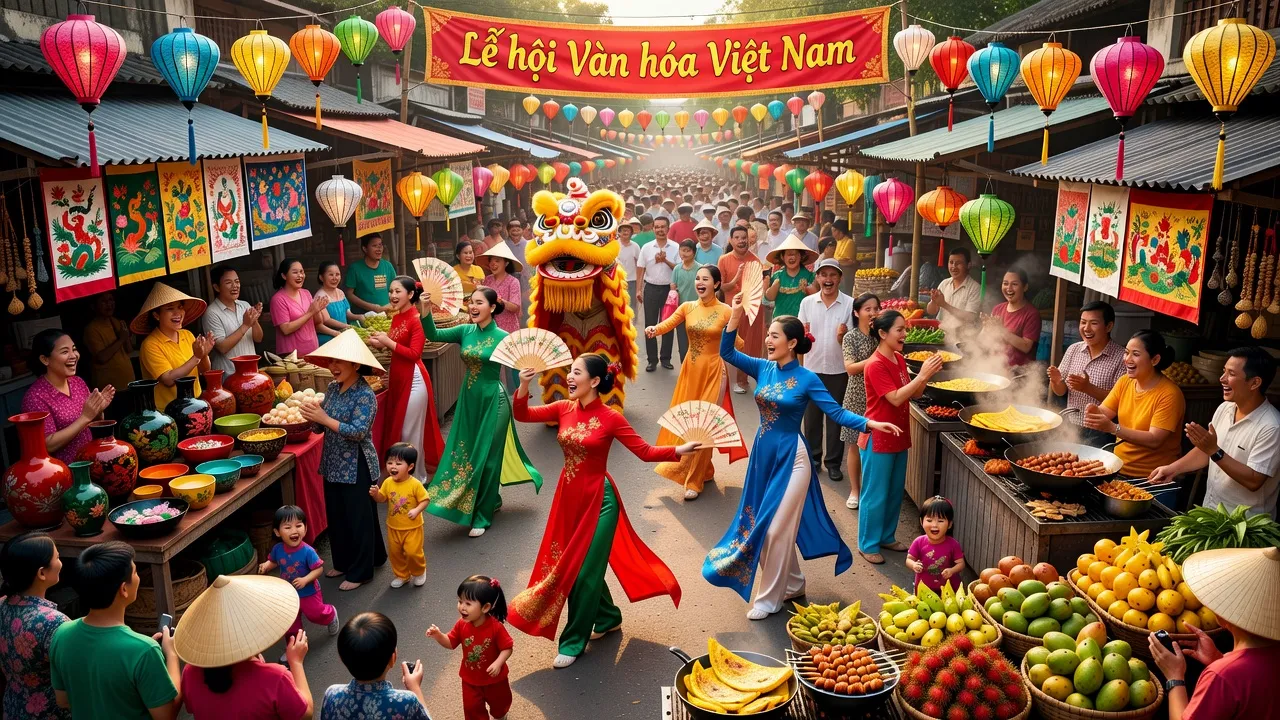 Khung cảnh văn hóa Việt Nam với điệu múa, nghệ thuật và ẩm thực tại chợ truyền thống.