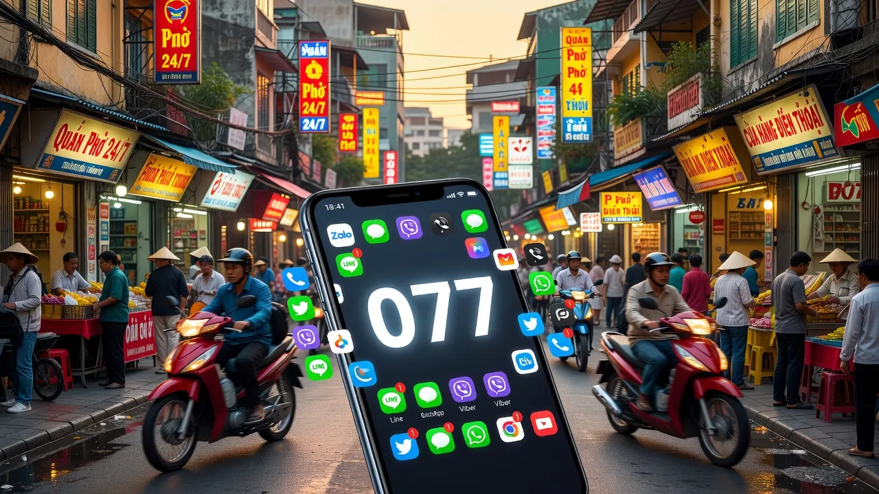 Điện thoại hiển thị số 077, biểu trưng cho mạng MobiFone, môi trường đô thị Việt Nam sôi động.