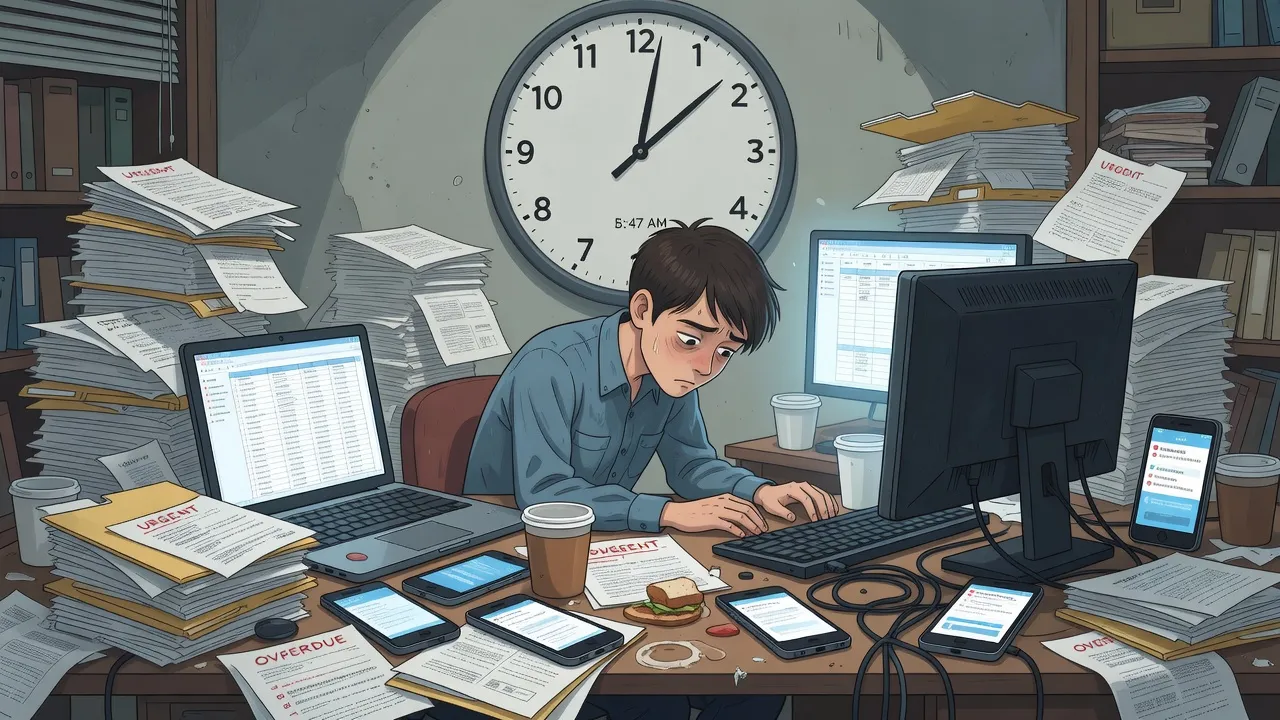 Công nhân mệt mỏi với giấy tờ và công nghệ, thể hiện hội chứng kiệt sức tại nơi làm việc.