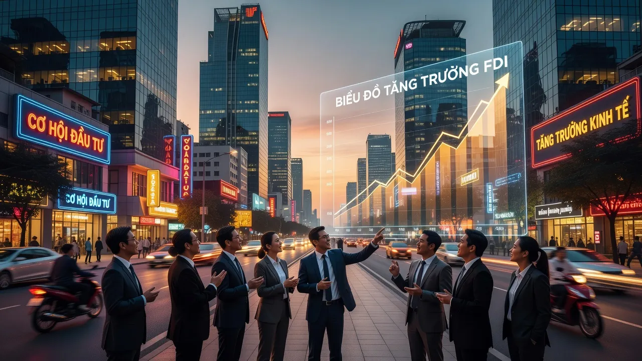 Hình ảnh minh họa đầu tư trực tiếp nước ngoài tại Việt Nam, doanh nhân thảo luận về cơ hội phát triển.