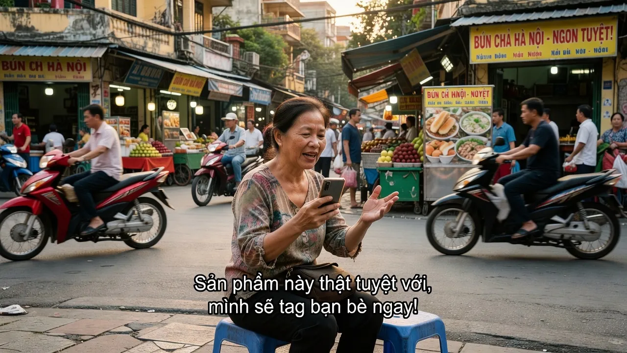 Một người tiêu dùng KOC đang chia sẻ ý kiến về sản phẩm trên mạng xã hội giữa phố phường Việt Nam.