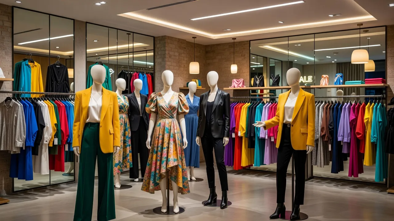 Các bộ outfit thời trang đa dạng trong một cửa hàng, thể hiện phong cách hiện đại và sự đa dạng.