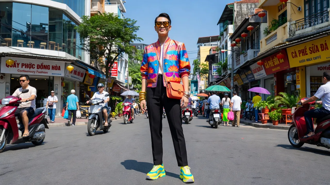 Người mặc trang phục hiện đại tại đường phố Việt Nam, thể hiện phong cách thời trang năng động.