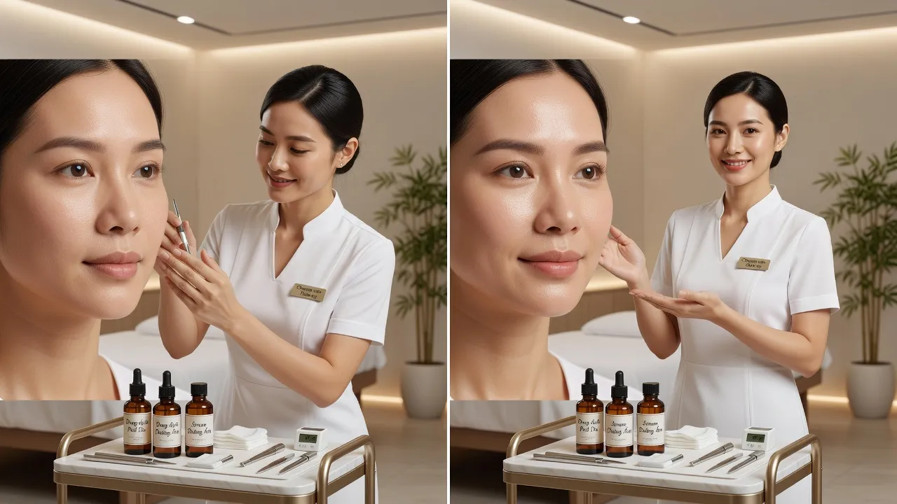 Quy trình peel da tại spa hiện đại, màn hình hiển thị sự cải thiện làn da, chăm sóc sắc đẹp.