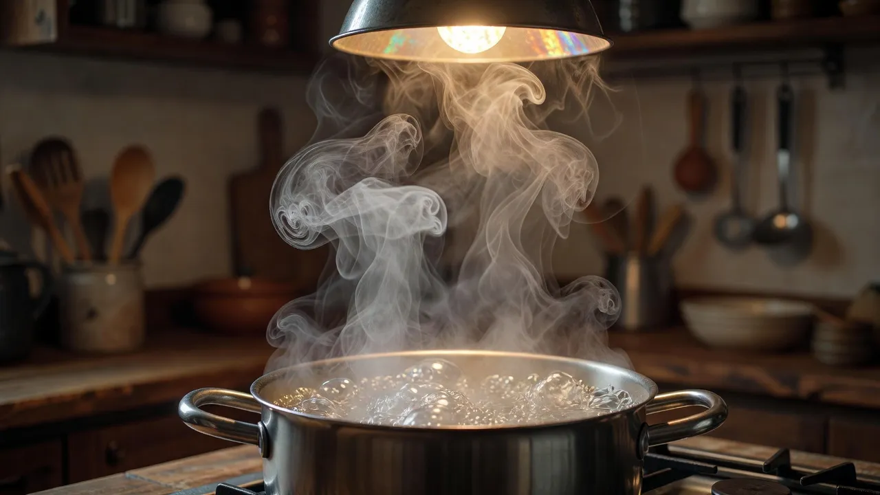 Hơi nước bốc lên từ nồi nước sôi trong bếp, đại diện cho khái niệm steam phổ biến.