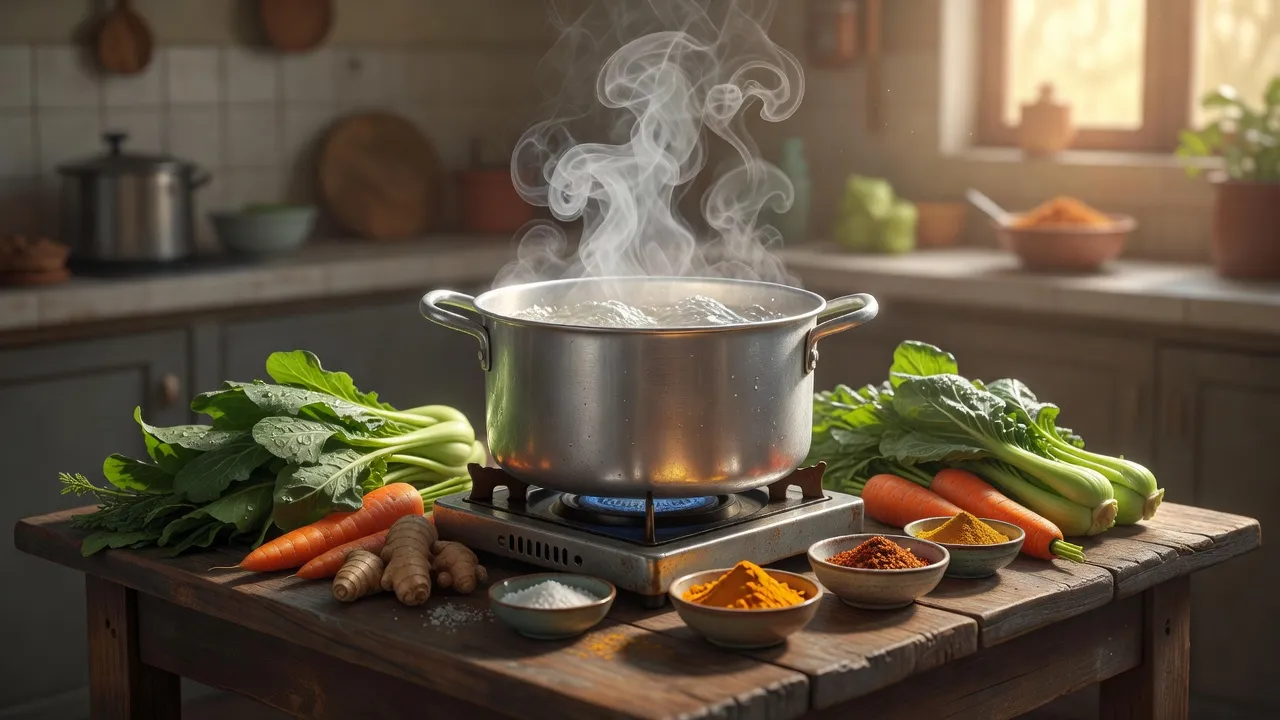 Hơi nước nóng từ nồi trên bếp phản ánh hoạt động nấu ăn hàng ngày tại Việt Nam.