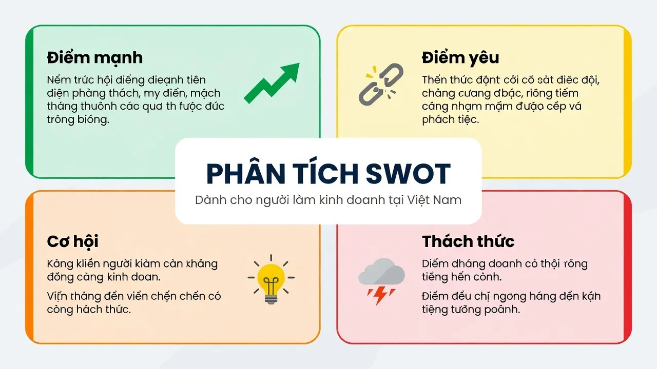 Biểu đồ SWOT mô tả bốn yếu tố quan trọng trong phân tích tình hình doanh nghiệp tại Việt Nam.