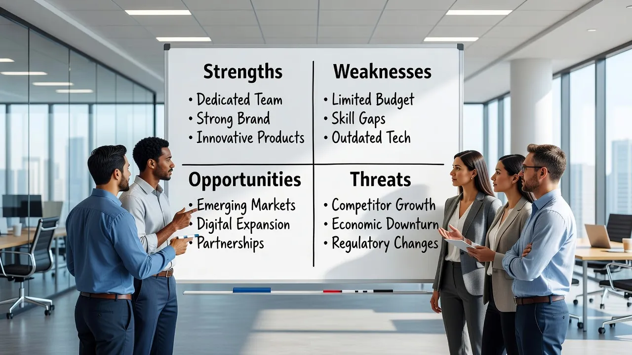 Sơ đồ phân tích SWOT trong văn phòng, thể hiện Strengths, Weaknesses, Opportunities, Threats với người thảo luận.