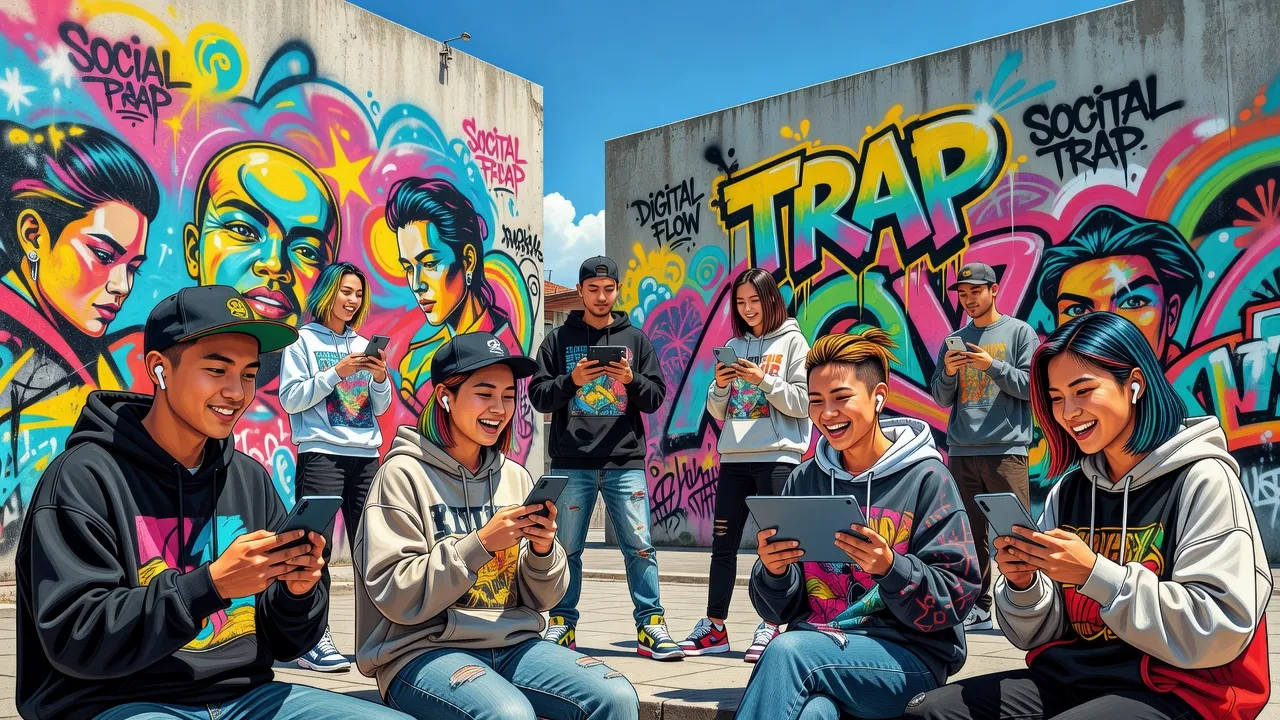Hình ảnh giới trẻ Việt Nam tương tác với công nghệ, khám phá ý nghĩa của trap trong văn hóa.