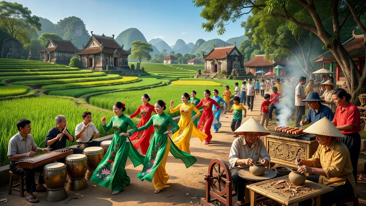 Cảnh văn hóa Việt Nam với nhạc sĩ, vũ công và nghệ nhân, thể hiện giá trị cộng đồng.